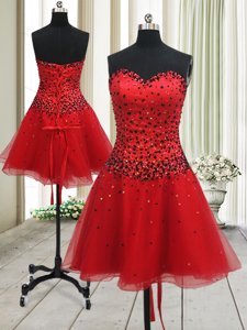 Nice Red A-line Beading Prom Dresses Lace Up Organza Sleeveless Mini Length
