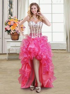 Hot Pink Sleeveless Organza Lace Up for Prom and Party