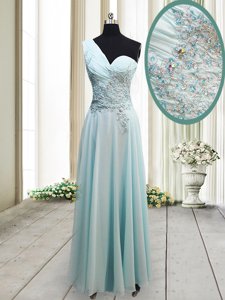 One Shoulder Beading and Appliques Homecoming Dress Light Blue Side Zipper Sleeveless Ankle Length