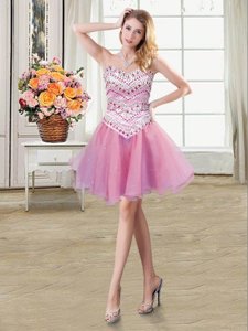 Luxurious Mini Length Lace Up Prom Evening Gown Lilac and In for Prom and Party with Beading