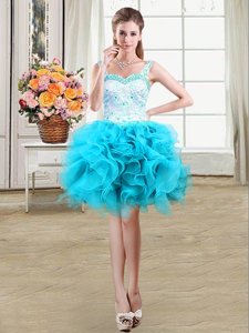 Dramatic Baby Blue Organza Lace Up Straps Sleeveless Mini Length Prom Gown Beading and Lace and Ruffles