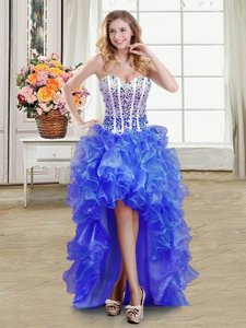 Blue Ball Gowns Sweetheart Sleeveless Organza High Low Lace Up Beading and Ruffles Evening Dress