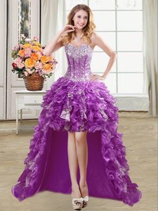 Vintage Sweetheart Sleeveless Evening Dress High Low Ruffles and Sequins Purple Organza