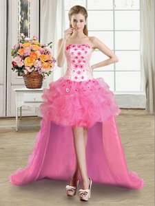Organza Sleeveless High Low Evening Dress and Beading and Appliques and Ruffles