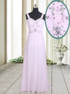 Pink Empire Chiffon Straps Sleeveless Beading Floor Length Zipper Prom Dress