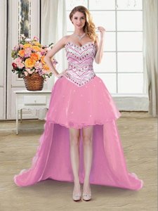 Comfortable Pink A-line Organza Sweetheart Sleeveless Beading High Low Lace Up Dress for Prom
