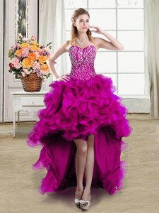 Glittering Fuchsia Lace Up Sweetheart Beading Prom Evening Gown Organza Sleeveless