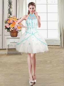Noble See Through White Halter Top Neckline Beading and Ruffles Dress for Prom Sleeveless Lace Up