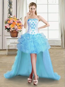 Romantic Light Blue Homecoming Dress Prom and Party and For with Beading and Appliques and Ruffles Strapless Sleeveless Lace Up
