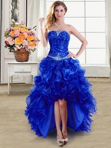 Royal Blue Ball Gowns Strapless Sleeveless Organza High Low Lace Up Beading and Ruffles Homecoming Dress