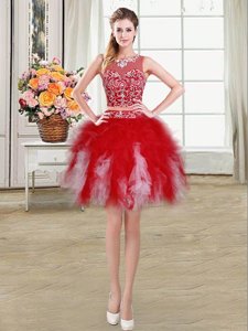 Stunning Scoop Sleeveless Tulle Mini Length Zipper Prom Dress in Red for with Beading and Ruffles