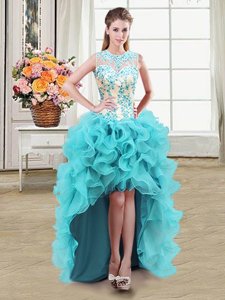 Delicate See Through Aqua Blue Prom Party Dress Military Ball and Sweet 16 and Quinceanera and For with Beading Scoop Sleeveless Zipper