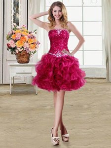 Organza Strapless Sleeveless Lace Up Beading and Ruffles Prom Party Dress in Fuchsia