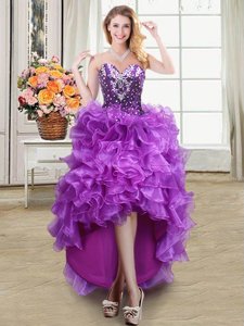 Purple Lace Up Prom Dresses Beading and Ruffles Sleeveless High Low