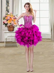 Fuchsia Ball Gowns Sweetheart Sleeveless Organza Mini Length Lace Up Beading and Ruffles Prom Gown
