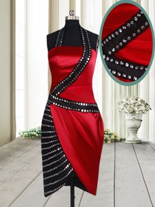 Stunning Halter Top Red And Black Sleeveless Knee Length Beading Side Zipper Prom Gown