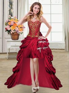 Popular Pick Ups Wine Red Sleeveless Taffeta Lace Up Homecoming Dress for Prom and Party
