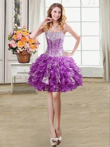Eggplant Purple Ball Gowns Organza Sweetheart Sleeveless Beading and Sequins Mini Length Lace Up Evening Dress