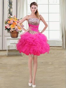 Elegant Hot Pink Lace Up Strapless Beading and Ruffles and Ruffled Layers and Sequins Prom Gown Organza Sleeveless