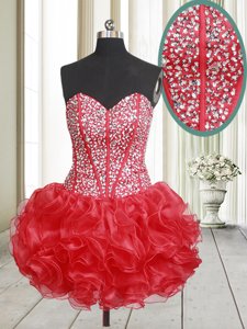Hot Sale Mini Length Lace Up Homecoming Dress Red and In for Prom and Party with Beading and Ruffles