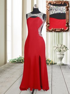 Spectacular Scoop Backless Red Sleeveless Brush Train Beading Prom Gown