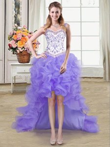 Purple Lace Up Beading and Appliques and Pick Ups Sleeveless High Low