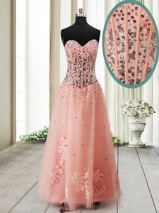 Nice Peach Lace Up Sweetheart Beading Dress for Prom Tulle Sleeveless