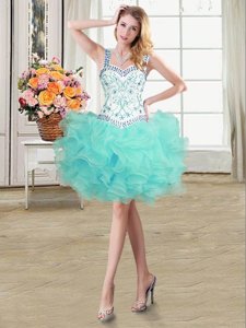 Customized Straps Straps Sleeveless Organza Mini Length Lace Up Homecoming Dress in Aqua Blue for with Beading and Ruffles