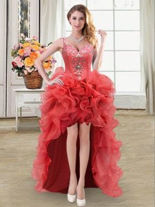 Wonderful Straps Straps Coral Red Sleeveless High Low Beading and Ruffles Lace Up Dress for Prom