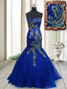 Mermaid Tulle Sweetheart Sleeveless Brush Train Lace Up Beading and Appliques and Sequins Prom Gown in Blue