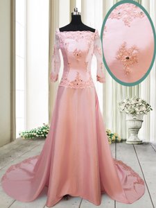Square Long Sleeves With Train Zipper Prom Evening Gown Peach and In for Prom and Party with Beading and Appliques Brush Train