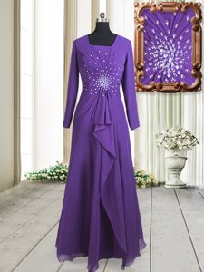Romantic Purple Square Zipper Beading Prom Evening Gown Long Sleeves