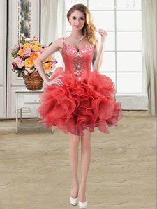 Straps Straps Coral Red Sleeveless Mini Length Beading and Ruffles Lace Up Homecoming Dress
