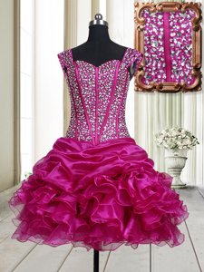 Flare Fuchsia A-line Organza Straps Sleeveless Beading and Ruffles Mini Length Lace Up Evening Dress