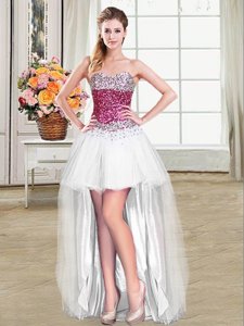 Best White Sleeveless Beading High Low Prom Gown