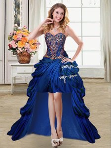 Sleeveless Taffeta High Low Lace Up Homecoming Dress in Royal Blue for with Beading and Appliques and Pick Ups