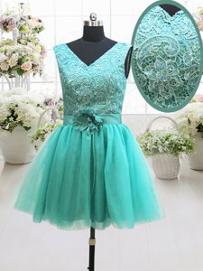 Glittering Turquoise Tulle Lace Up V-neck Sleeveless Mini Length Beading and Lace and Belt and Hand Made Flower
