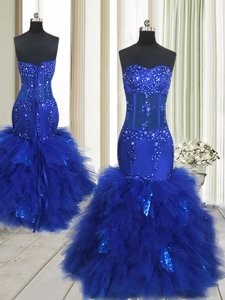 Pretty Mermaid Beading and Ruffles Royal Blue Lace Up Sleeveless Floor Length