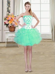Top Selling Turquoise Strapless Lace Up Beading and Appliques and Ruffles Sleeveless