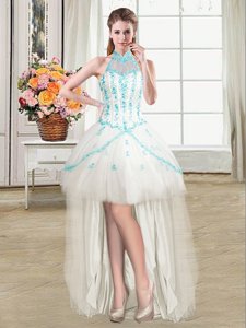 Pretty See Through White Ball Gowns Halter Top Sleeveless Tulle High Low Lace Up Beading and Ruffles Prom Dresses