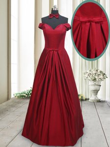 Best Selling Wine Red A-line Taffeta Off The Shoulder Sleeveless Ruching and Bowknot Floor Length Lace Up Evening Dress
