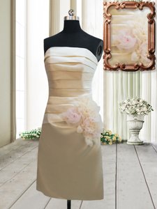 Pretty Champagne Strapless Zipper Ruching and Hand Made Flower Prom Dress Sleeveless