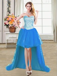 Luxurious Floor Length Blue Homecoming Dress Organza Sleeveless Beading