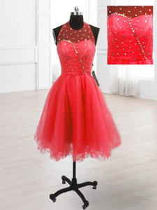 Nice Coral Red A-line Organza High-neck Sleeveless Sequins Knee Length Lace Up Prom Dress