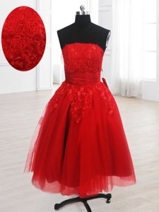 Sleeveless Organza Knee Length Lace Up in Red for with Embroidery