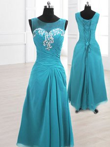 Smart Teal Dress for Prom Prom and Party and For with Beading and Ruching Scoop Sleeveless Lace Up
