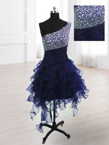 Classical One Shoulder Navy Blue Lace Up Homecoming Dress Beading Sleeveless Knee Length