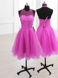 High End Fuchsia A-line Organza High-neck Sleeveless Sequins Knee Length Lace Up Homecoming Dress