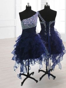Adorable Navy Blue One Shoulder Lace Up Beading Homecoming Dress Sleeveless