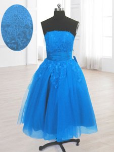 Customized Strapless Sleeveless Organza Prom Dresses Embroidery Lace Up